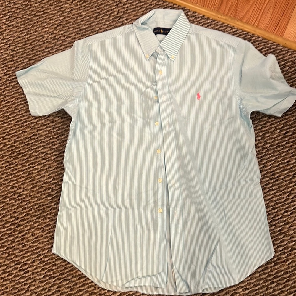 Ralph Lauren seersucker light turquoise blue button down shirt size Large